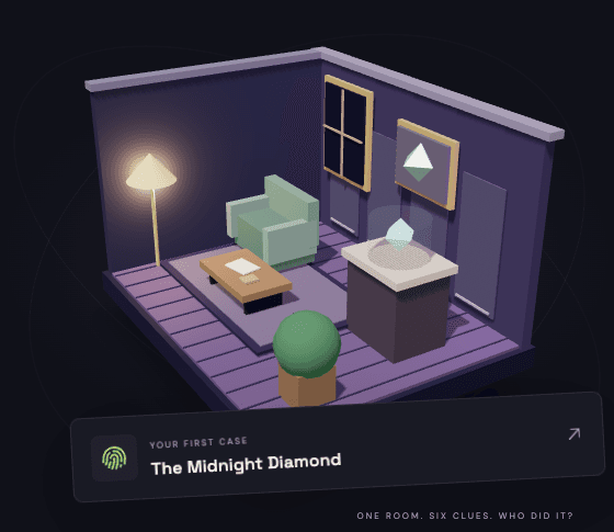A miniature hotel lounge with evidence on the table and a diamond display