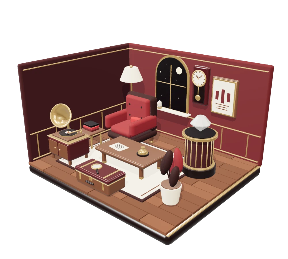 A miniature oxblood hotel lounge with a brass gramophone, pendulum clock, travel trunk, red velvet armchair, diamond display, bell and receipt.